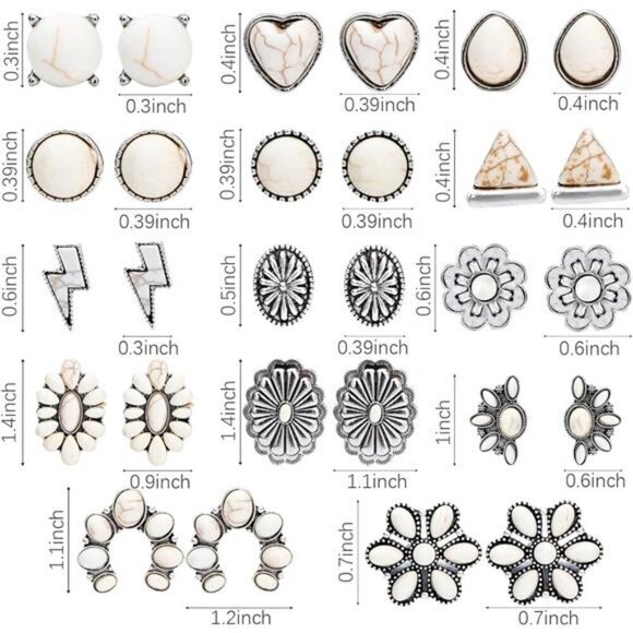 Boho White Stud Earring Set – 14 Pairs of Vintage Western-Inspired Earrings - Picture 2 of 7